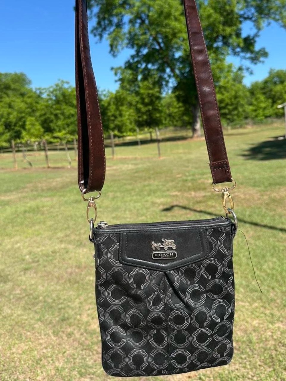 Coach Black Signature Crossbody with Brown Leather Strap and Gold Hardware